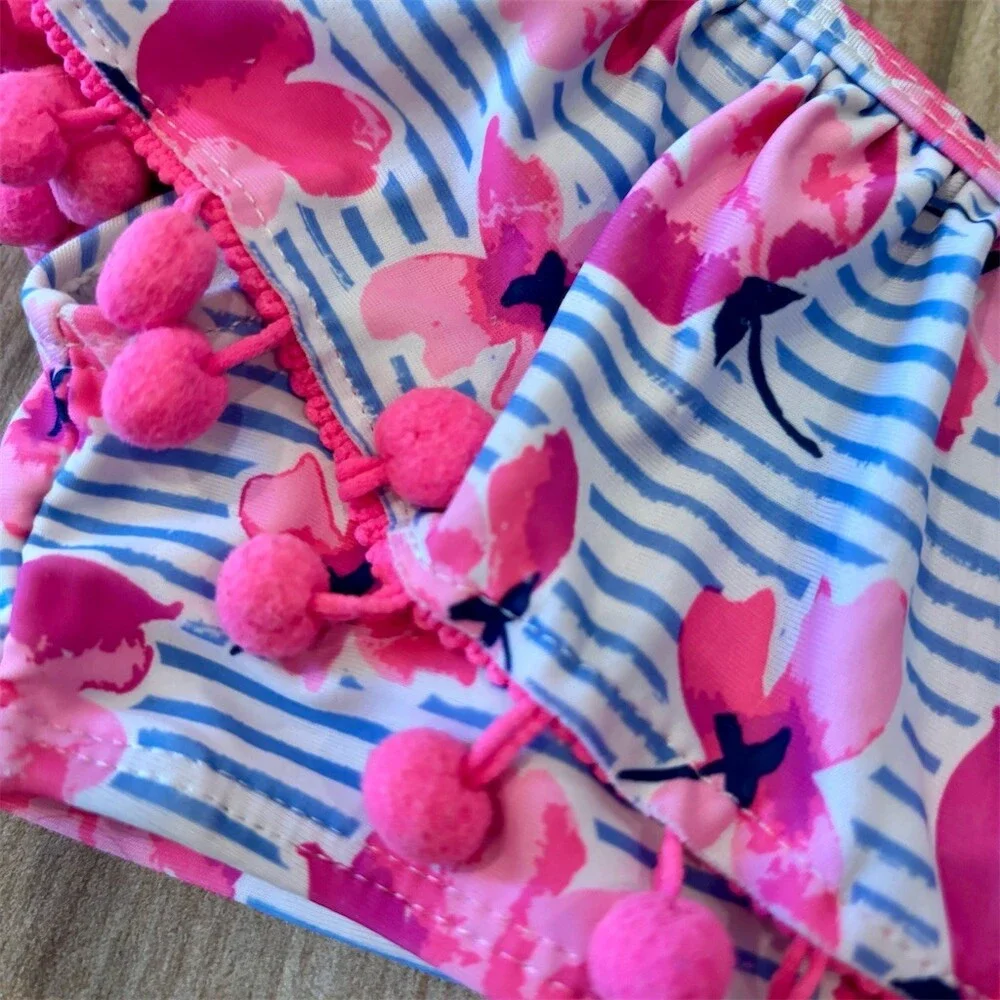 Nicole Miller New York Girls 2-Piece Bikini Swimsuit Floral Stripe Size 4